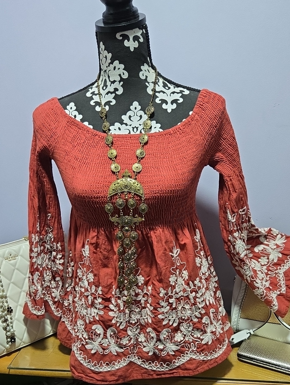 Flying Tomato Rust Red Embroidered Peasant Top